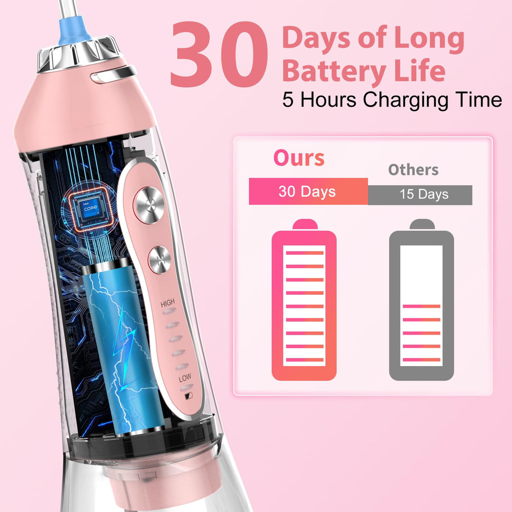 Open pink water flosser showing 300ml tank
