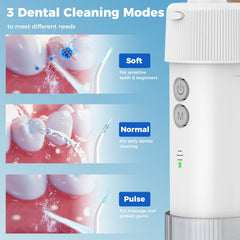 Close-up of cordless water flosser with travel pouch