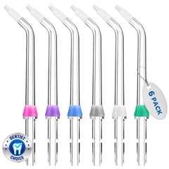 Six color-coded Waterpik replacement heads included in the set