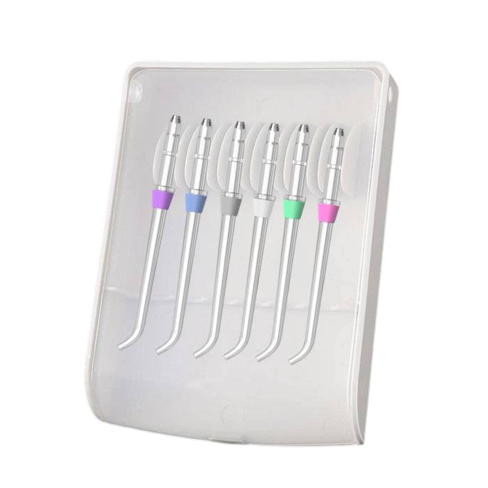 Six Classic Jet Tips Water Flosser replacement heads in a storage case, compatible with Waterpik WP-series (JT-100E).