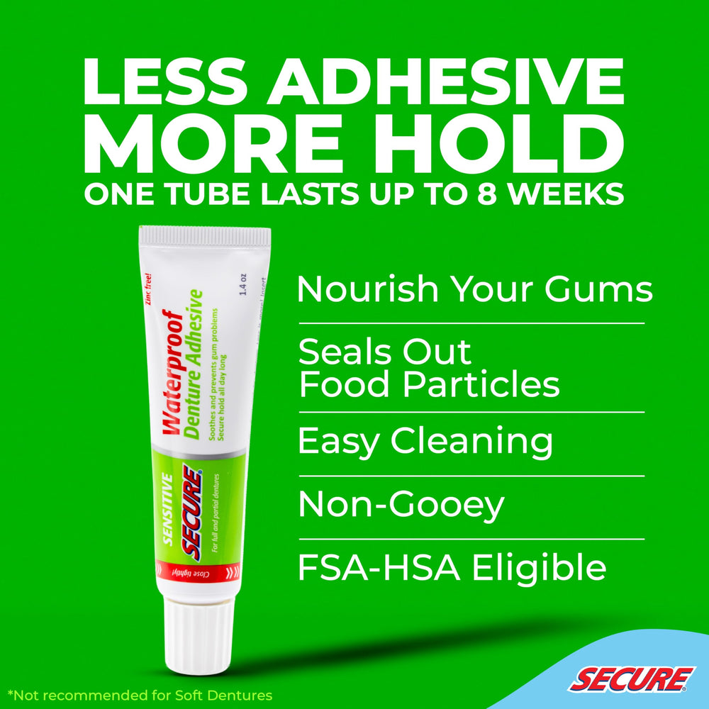 Waterproof denture adhesive close-up