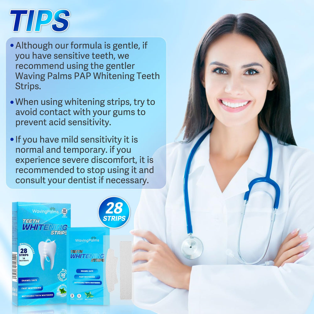 Teeth whitening strips placed on teeth for whitening