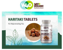 WAY 4 ORGANIC W4O Haritaki bottle open with tablets for daily routine.
