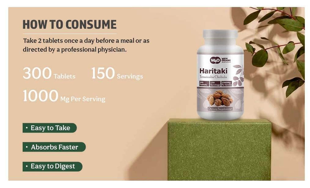 WAY 4 ORGANIC W4O Haritaki vegan and dairy-free label near bottle.