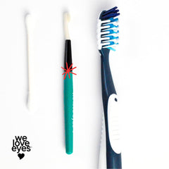 We Love Eyes branding and eyelid margin scrub brush on white background