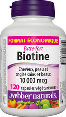 Close-up of Biotin 10,000 mcg label on bottle