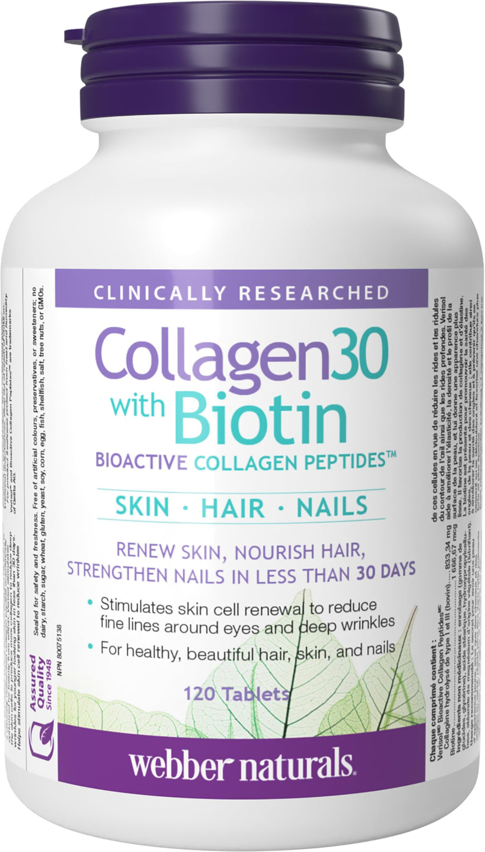 Front view of Webber Naturals Collagen30 with Biotin bottle, 120 tablets
