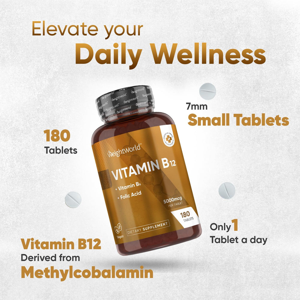 Close-up of WeightWorld B12 5000 mcg vegan tablets