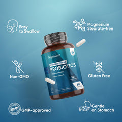 Probiotic bottle on white background with 60 capsules