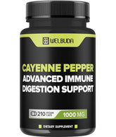 Bottle of WELBUDA 210 Cayenne Pepper capsules with label featuring Cayenne 10:1 and Berberine HCI