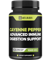 Bottle of WELBUDA 210 Cayenne Pepper capsules with label featuring Cayenne 10:1 and Berberine HCI