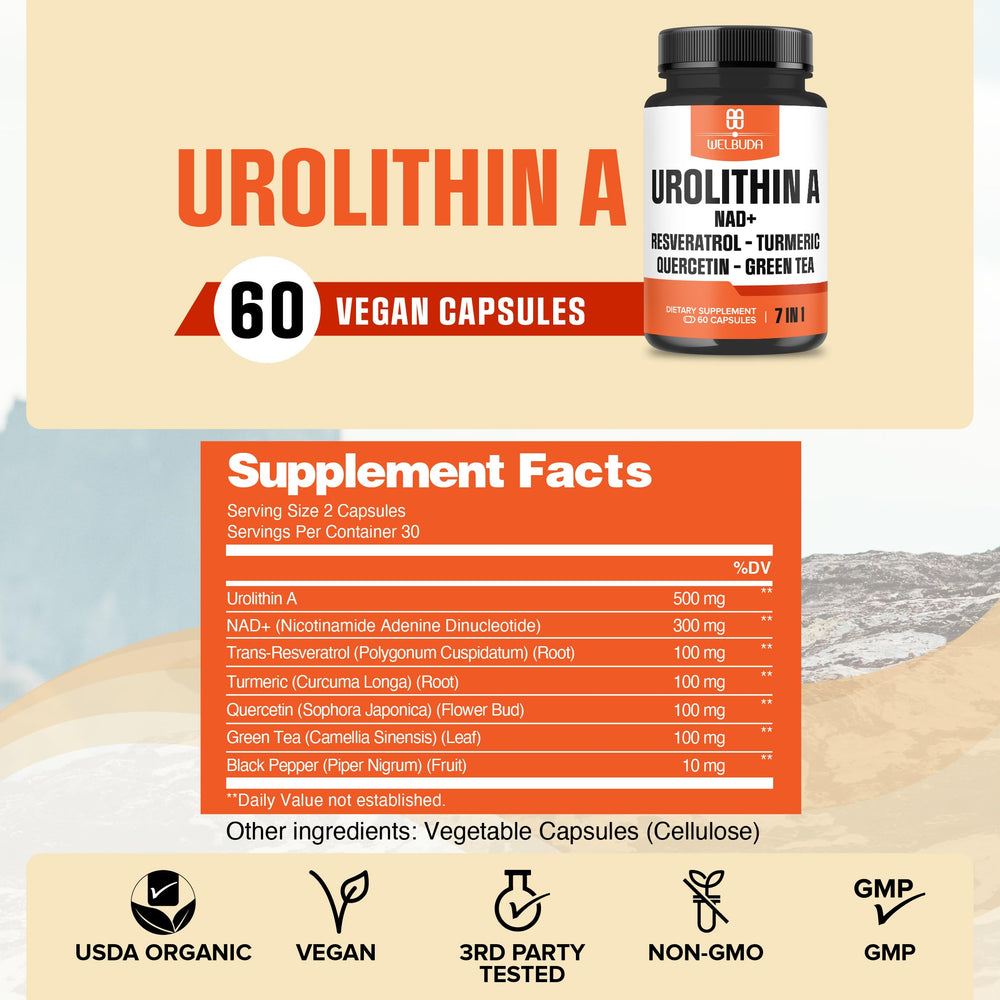 Close-up of WELBUDA Urolithin A+ capsules with NAD+ and antioxidants