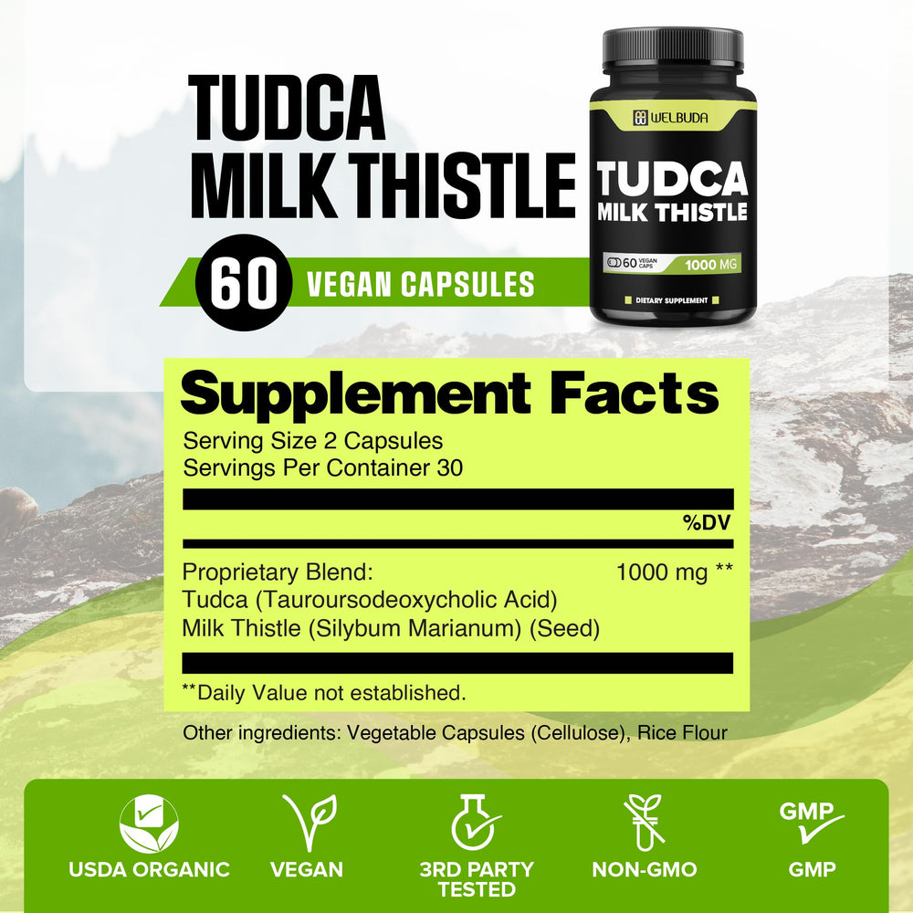 WELBUDA Tudca 1000mg bottle showing label and capsules