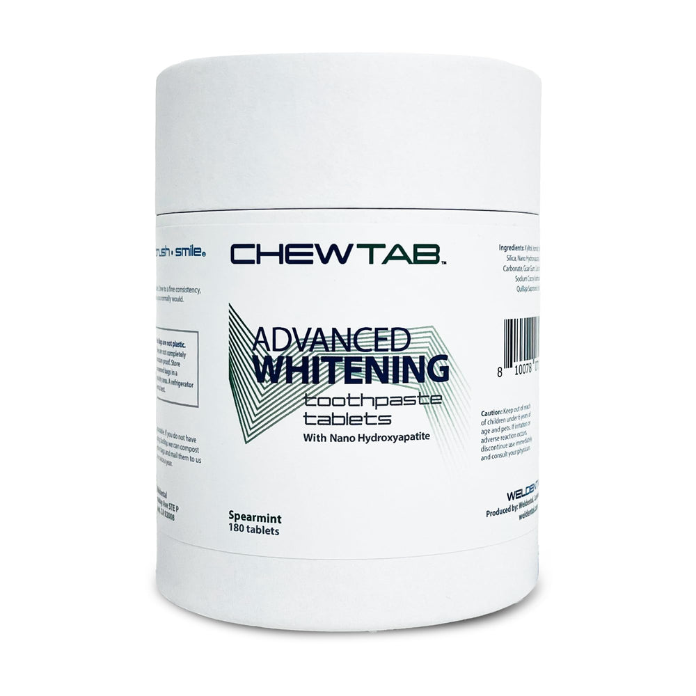 Weldental Chewtab Nano-Hydroxyapatite whitening toothpaste tablets in Spearmint flavor packaging
