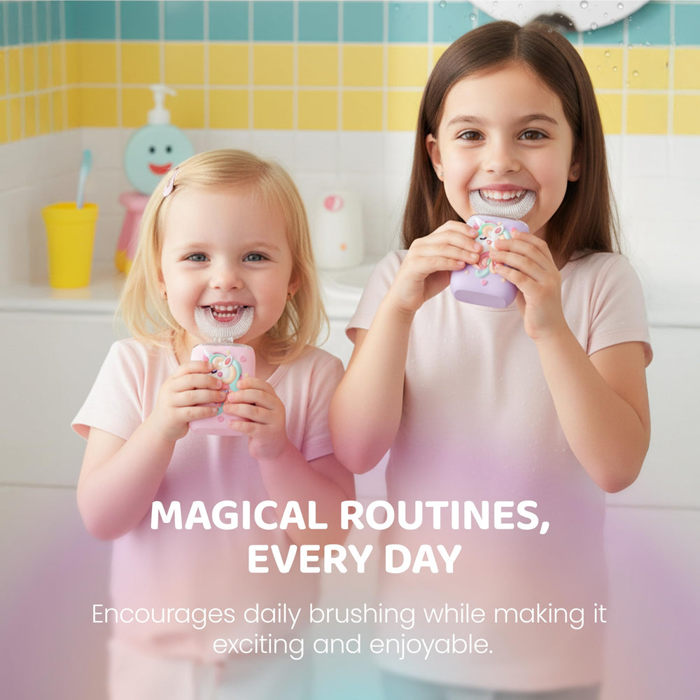 Cute cartoon unicorn design to encourage brushing for ages 2-7