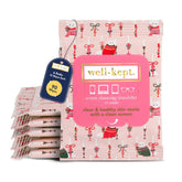 Well-Kept Wipes six-pack packaging with rainbow-striped resealable packs