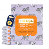 Front view of Well-Kept 6-pack lens wipes with rainbow-striped resealable packaging