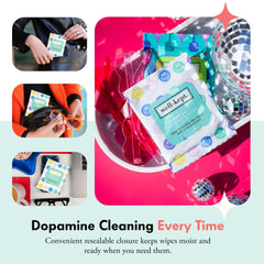 Close-up of Well-Kept wipes in rainbow-striped packaging