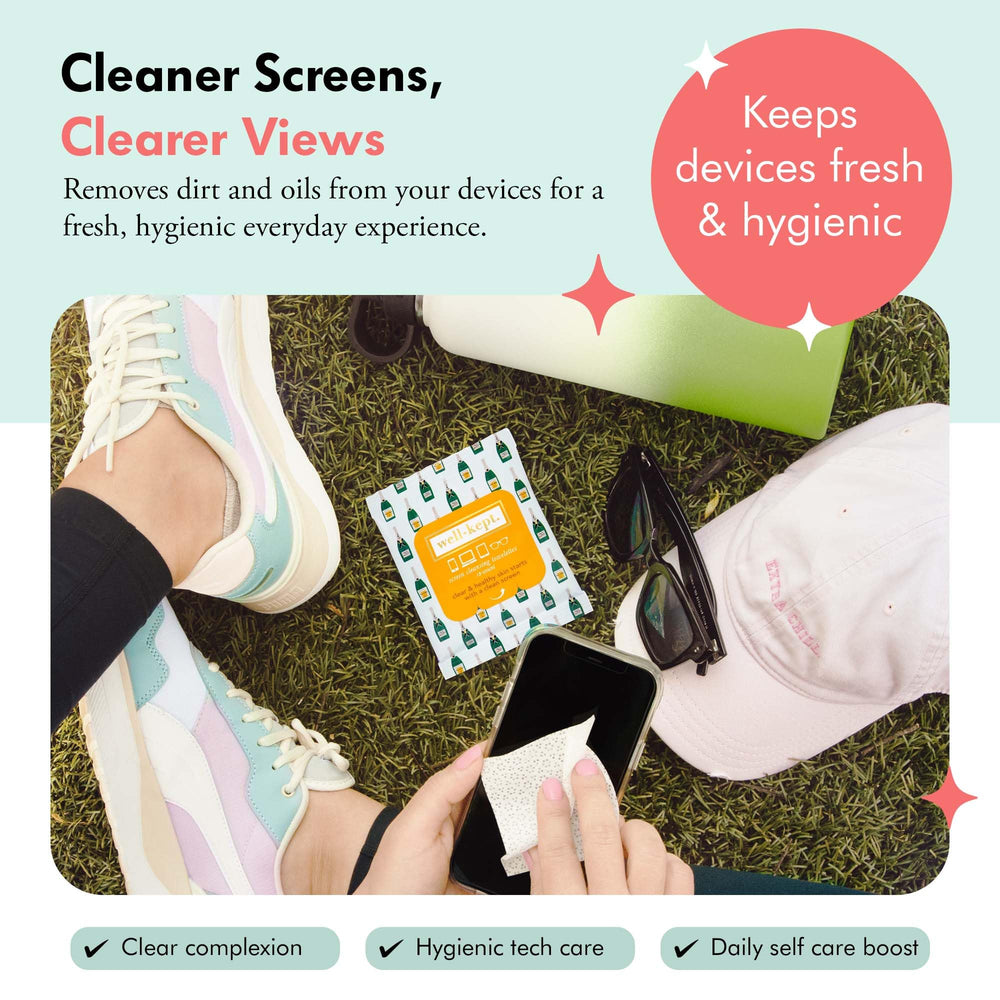 Well-Kept wipes cleaning glasses, phones, and tablets