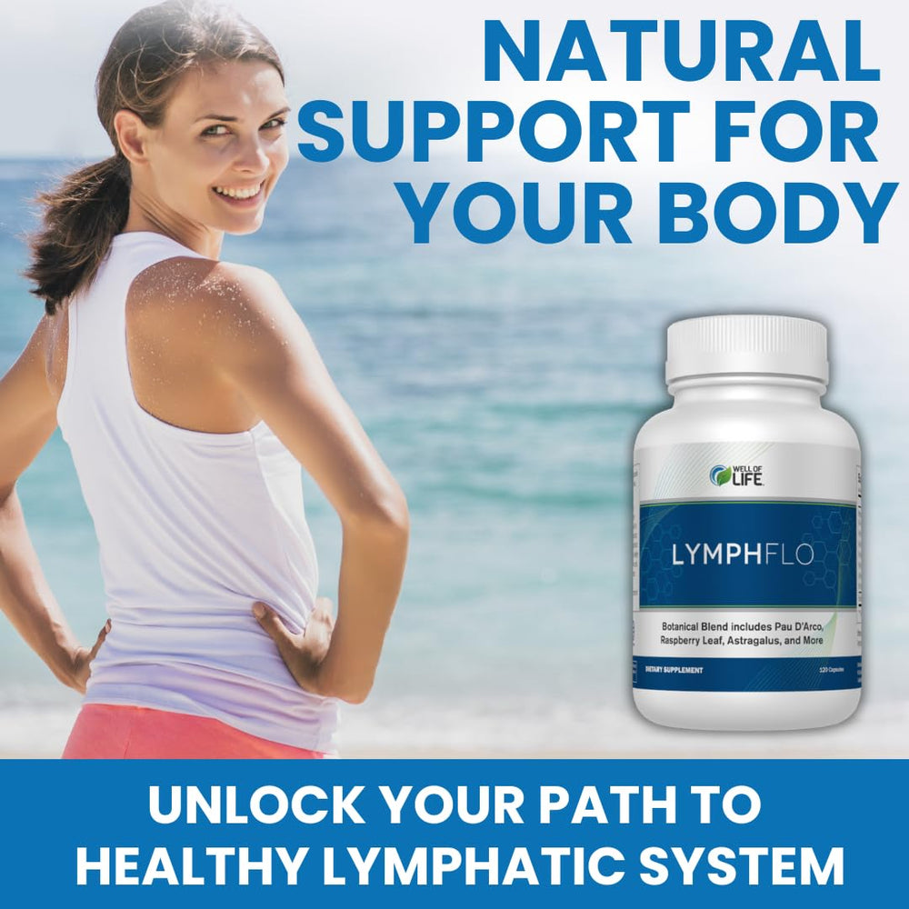 Well of Life LymphFlo capsules closeup highlighting convenient daily lymphatic support.