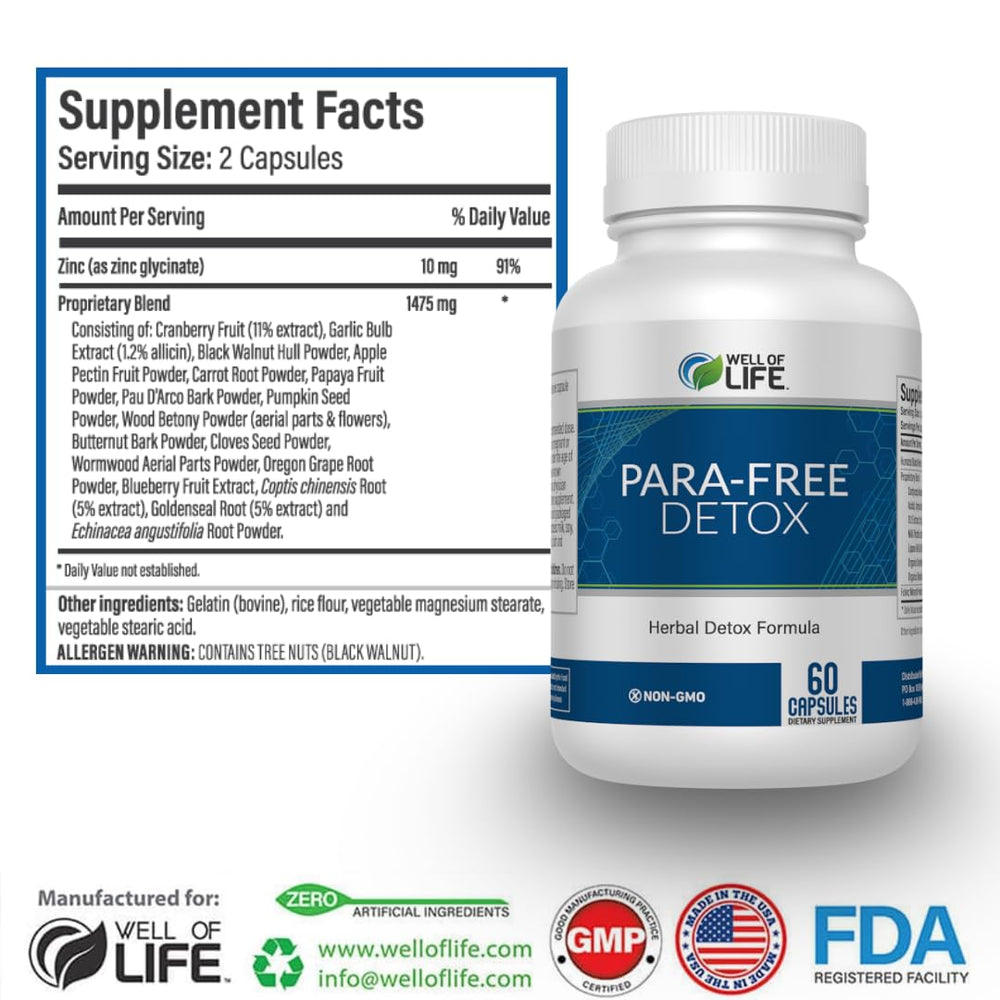 Well of Life Para-Free Detox capsules being poured for easy daily routine