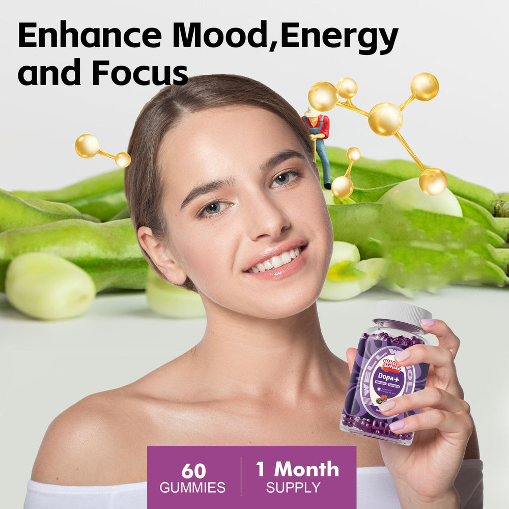 Close-up of Well&Whole Dopamine Gummies bottle label showing 60 gummies