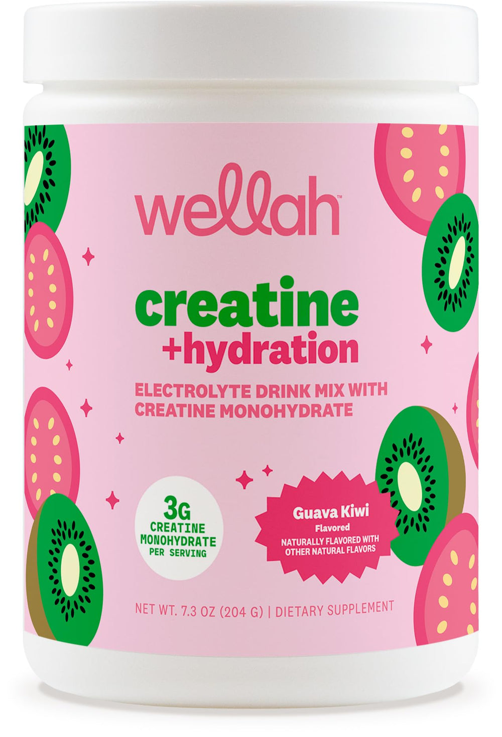Front view of Wellah Creatine + Hydration Powder Guava Kiwi container