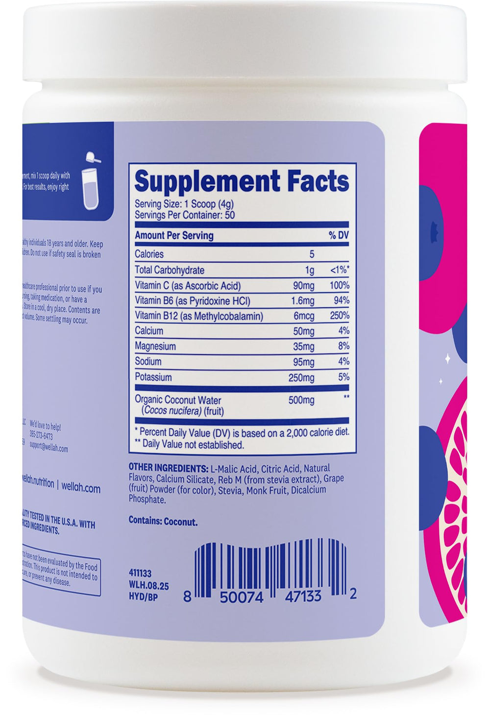 Wellah Electrolytes nutrition label highlights 7 essential nutrients for balanced hydration.