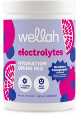 Wellah Electrolytes packaging highlights blueberry-pomegranate flavor for on-the-go hydration.