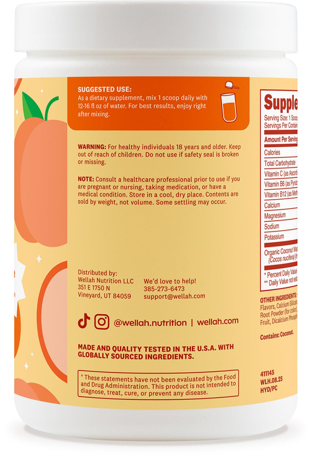 Wellah Electrolytes Peach Clementine glass showcases zero sugar flavor anytime.