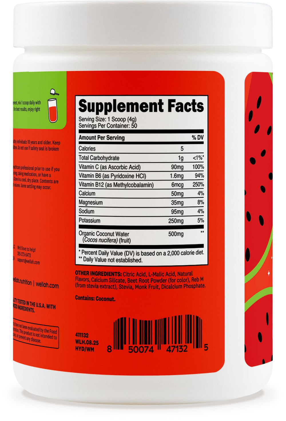Wellah Electrolytes Watermelon nutrition label highlights seven vitamins and minerals.