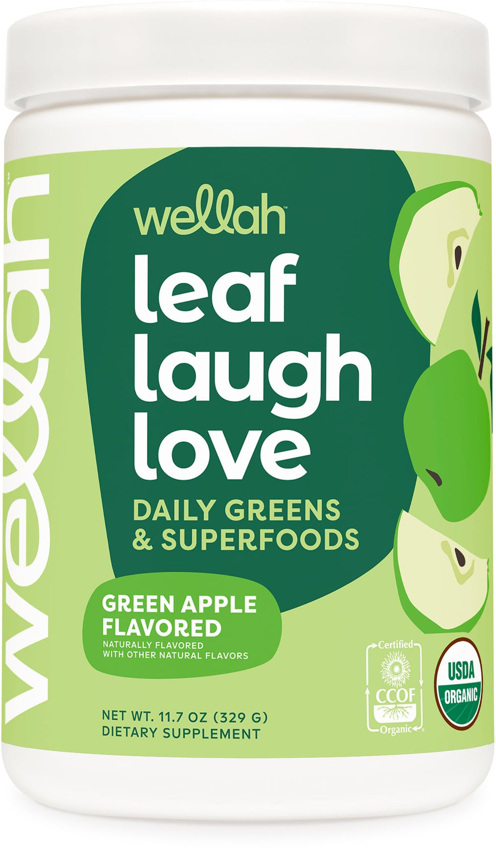 Wellah Leaf Laugh Love Super Greens Green Apple tub label
