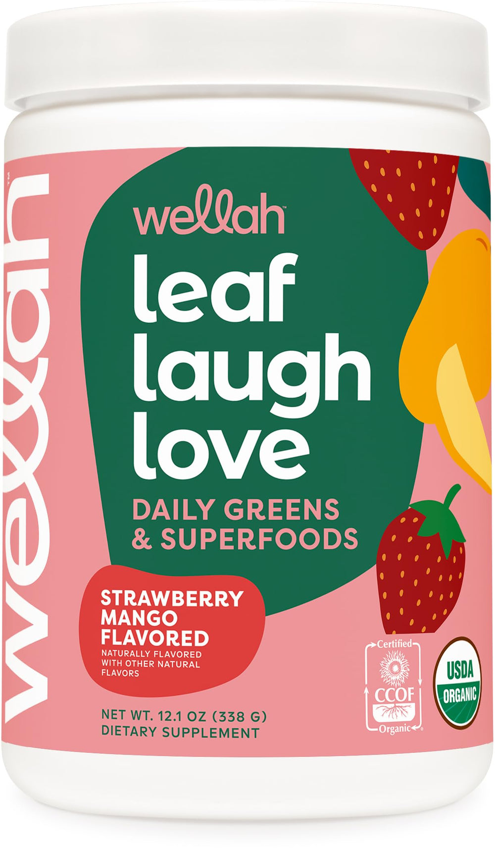 Wellah Leaf Laugh Love Super Greens Strawberry Mango container