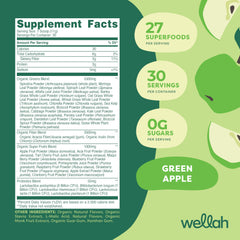 Wellah Leaf powder jar close-up highlighting vibrant greens for smoothie nutrition.