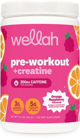 Wellah Pre-Workout + Creatine Orange Raspberry powder in a scoop, 30 servings