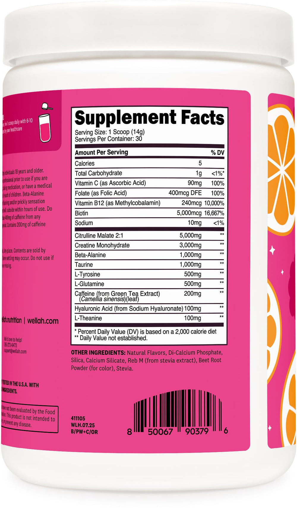 Wellah Pre-Workout Orange Raspberry label close-up highlighting quality manufacturing.