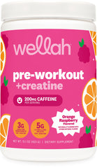 Wellah Pre-Workout Orange Raspberry tub with powder for an energized gym session.