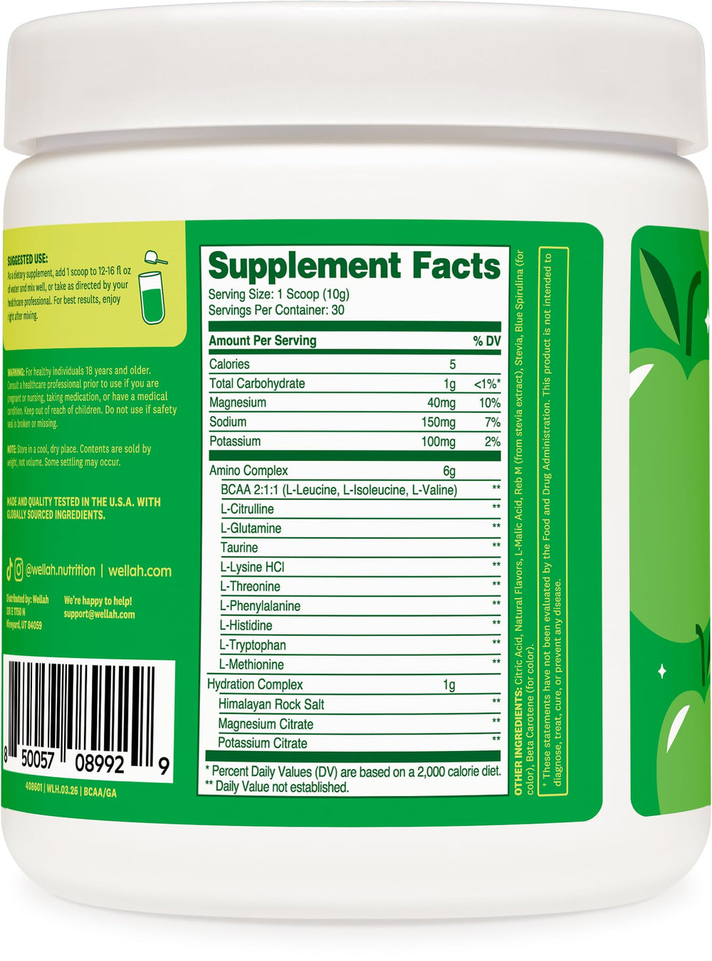 Wellah So Long Soreness BCAA 30 servings label for portion tracking