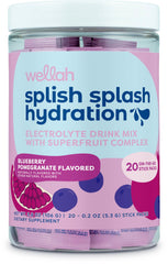 Wellah Splish Splash packaging front with Blueberry Pomegranate stick packs for on-the-go hydration