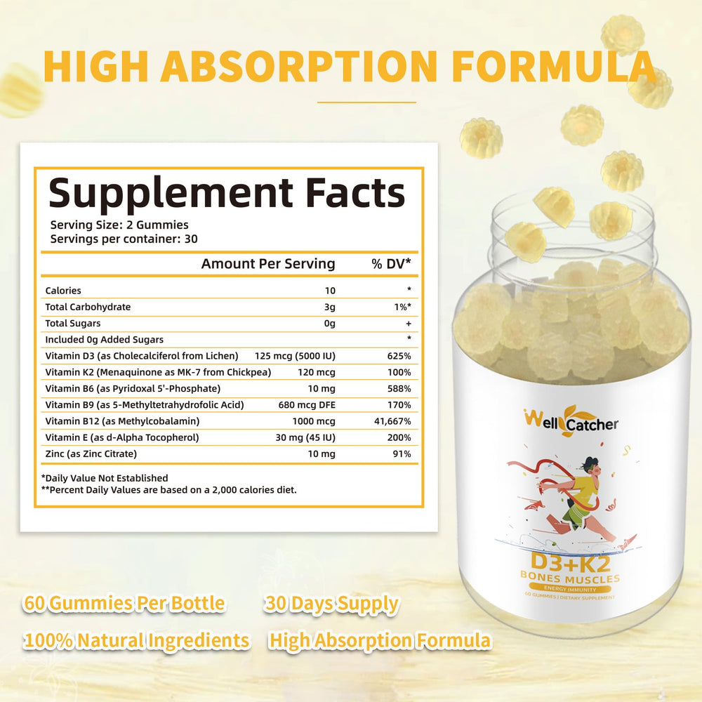 Close-up of Wellcatcher D3 K2 mango-flavored gummies