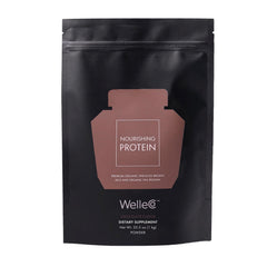 WelleCo chocolate protein powder tub front showing plant-based energy support