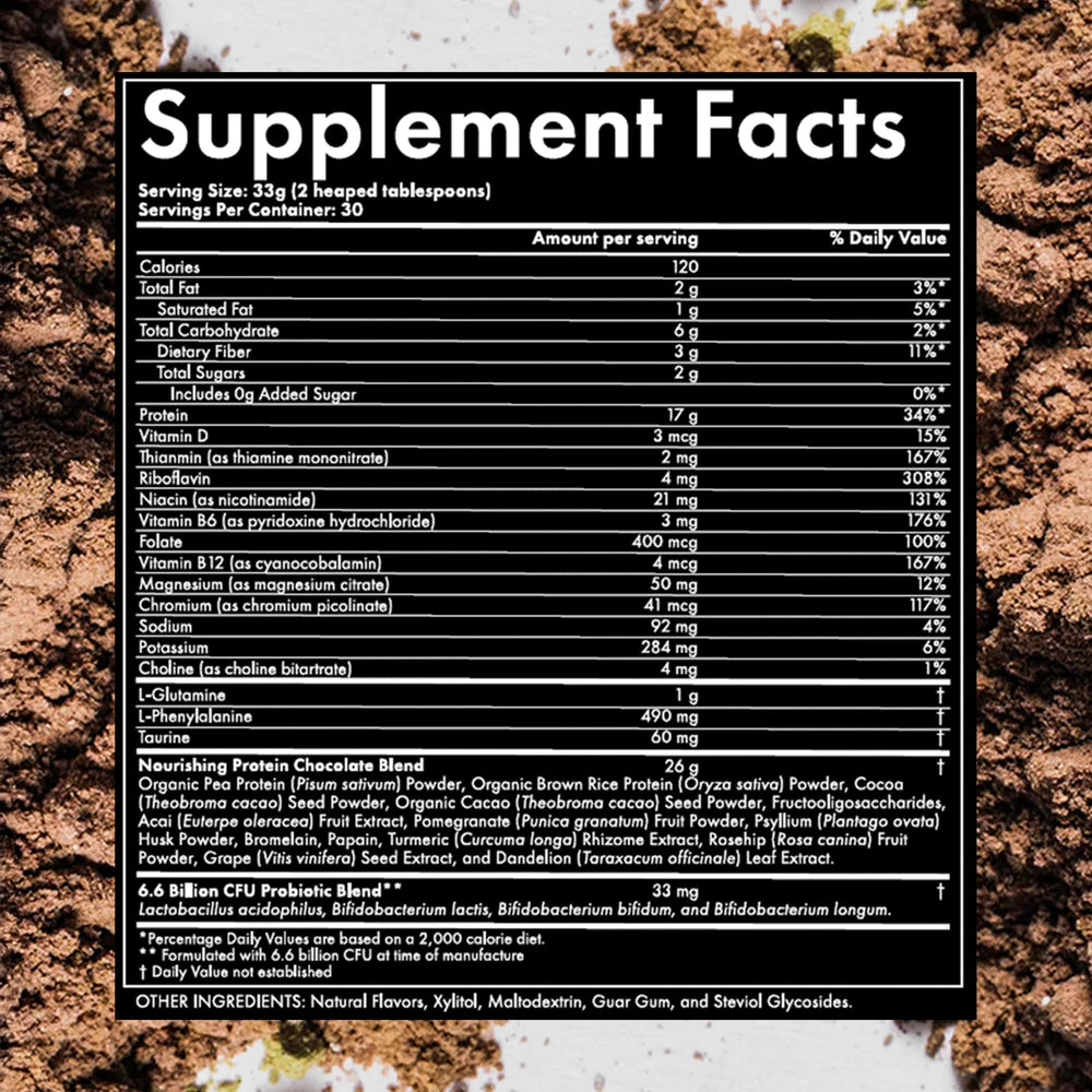 WelleCo chocolate protein powder tub label highlights clean ingredients