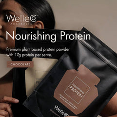 WelleCo chocolate protein powder tub label highlights clean ingredients