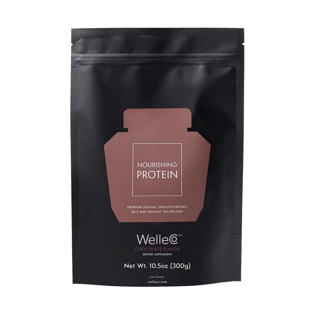 WelleCo plant-based chocolate protein powder jar for daily energy.