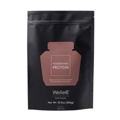WelleCo plant-based chocolate protein powder jar for daily energy.