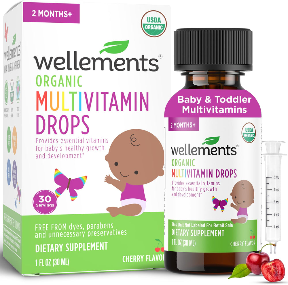 Wellements Organic Baby Multivitamin Drops cherry flavor bottle