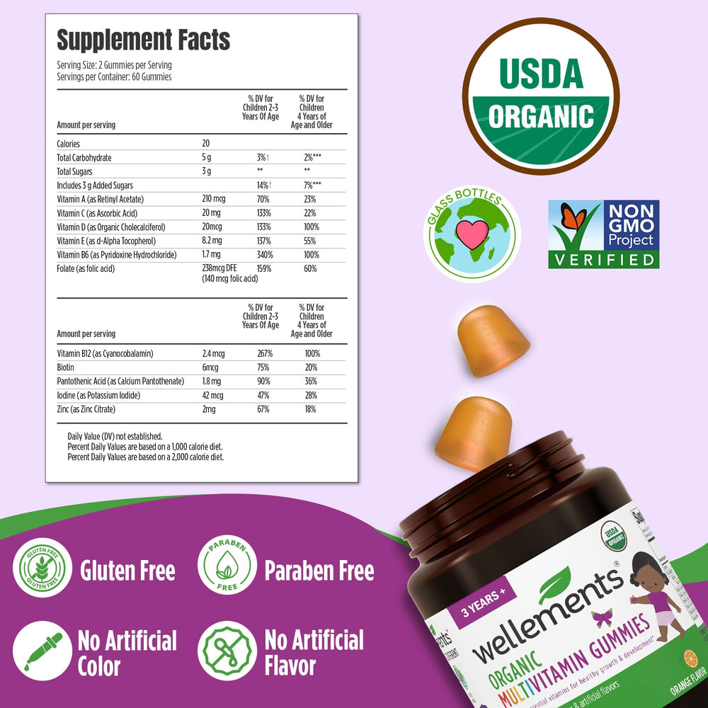 Close-up of two gummies next to bottle on white background