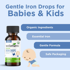 Ingredients and certifications label for Wellements Organic Iron Drops