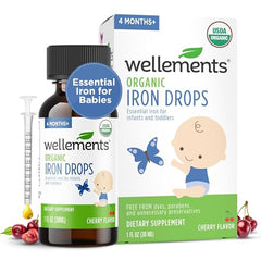 Front view of Wellements Organic Iron Drops bottle (1 oz) for newborns