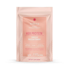 Wellena Her Protein bottle front highlights a dairy-free, midlife-friendly protein.